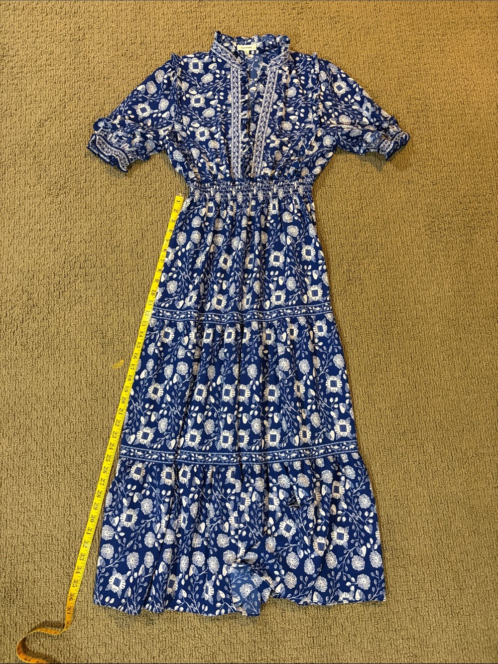 Max Studio Blue and White Floral Tiered Maxi Dress Size L